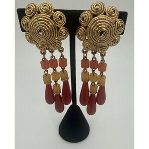 Vtg Carol Dauplaise Clip On Earrings 1980s Gold Tone Swirl Fringe Natural Stone